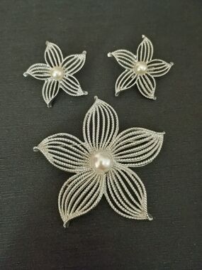 Silver Floral Pearl Brooch and Earring Set - Silver Tone By Sara Coventry